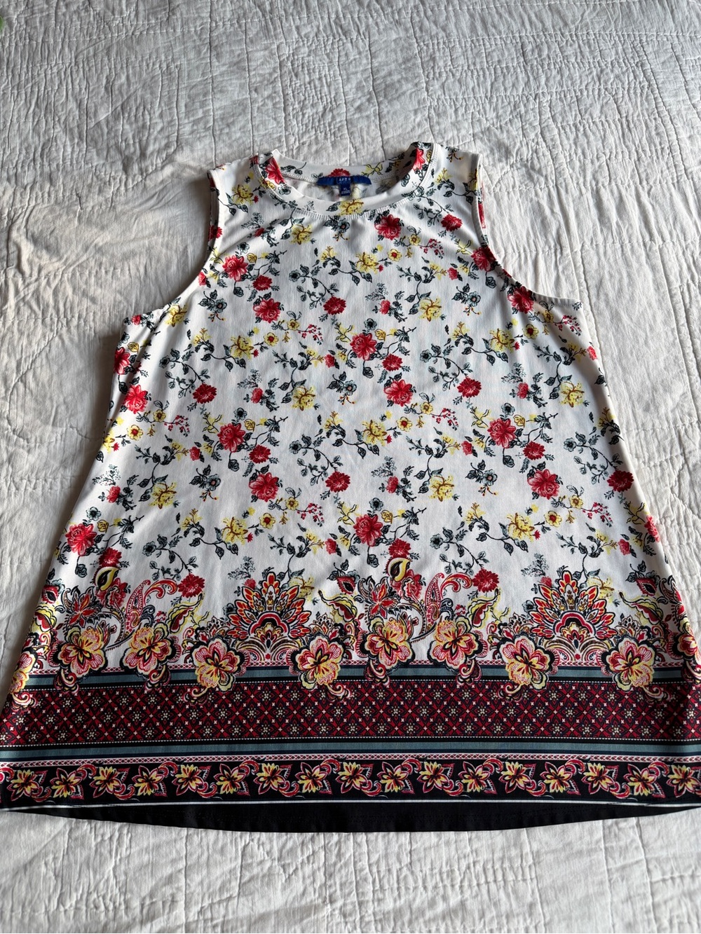 Apt. 9 White Floral Tank with Red & Yellow Border